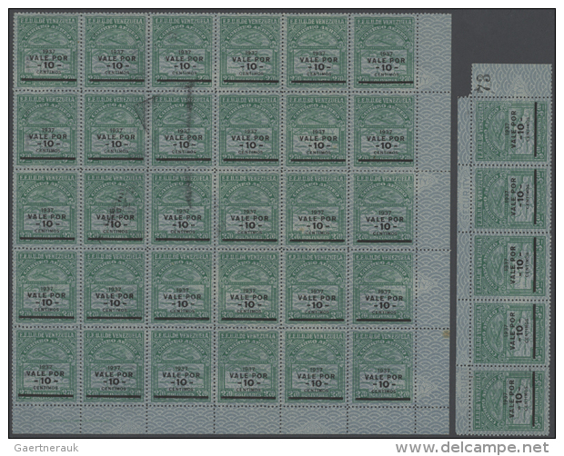 1937, Airmail Overprints, 10 C. On 3.70 B. Bluish Green, Mint Lot Of 35 Stamps (block Of 30 And Strip Of 5), Few... - Venezuela