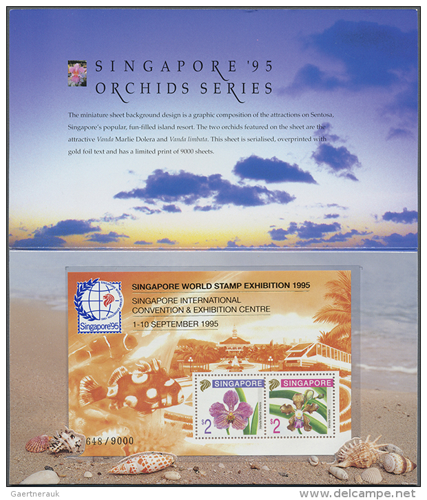 1995: Singapore '95 Orchids Series Souvenir Sheet With Frame In Orange (Singapore Cat. S95-E9K), 200 Unmounted Mint... - Singapour (1959-...)