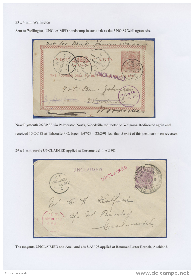 1888/1912, UNCLAIMED MAIL, Study Collection Of 14 Entires On Wirtten Up Pages, Showing Different Markings,... - Autres & Non Classés