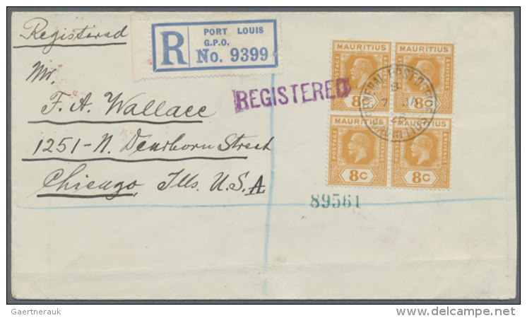 1926/1938, Lot Of Six Covers To Europe/USA, Bearing Attractive KGV Frankings, Incl. Registered And Airmail And GB... - Maurice (1968-...)