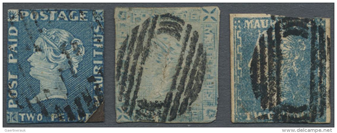 1850/1859 (ca.), Lot Of Three Stamps: 2d. Blue (most Probably Early Impression), 2d. Grey-blue (worn/latest... - Maurice (1968-...)