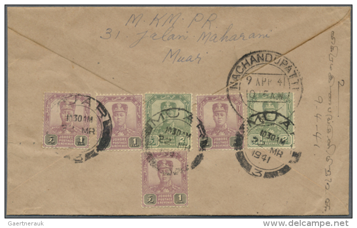 1897/1941, Lot Of Eleven Entires, E.g. 1908 Ppc "Johore Sketches" To France, Censored Cover 22.3.41 To India Etc.... - Malaysia (1964-...)