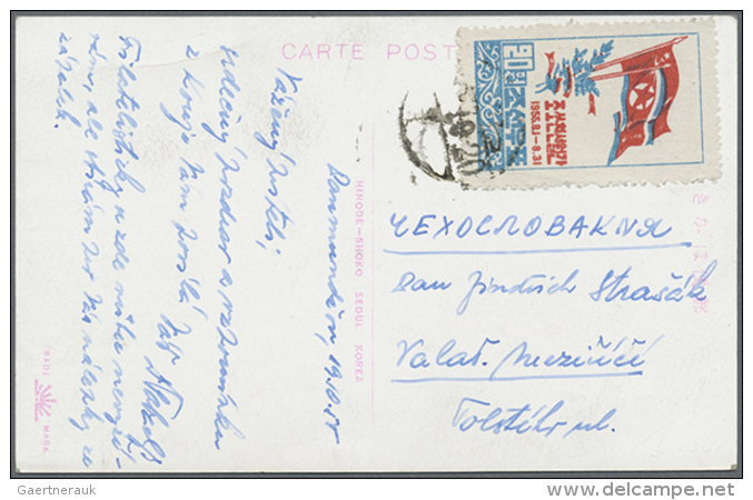 1955, Korea-Sovjet Friendship 20 W. On Covers Co CSR: Larger Size Perf. On 1955 Surface Card, Imperf. On 1957 200... - Corée Du Nord