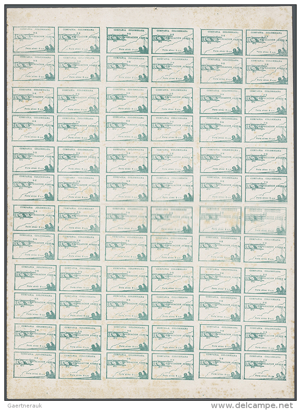 1920, 10c. Green "Pilot Saluting Airplane", Complete Sheet Of 72 Stamps, Unused No Gum As Issued, Stained (Michel... - Colombie