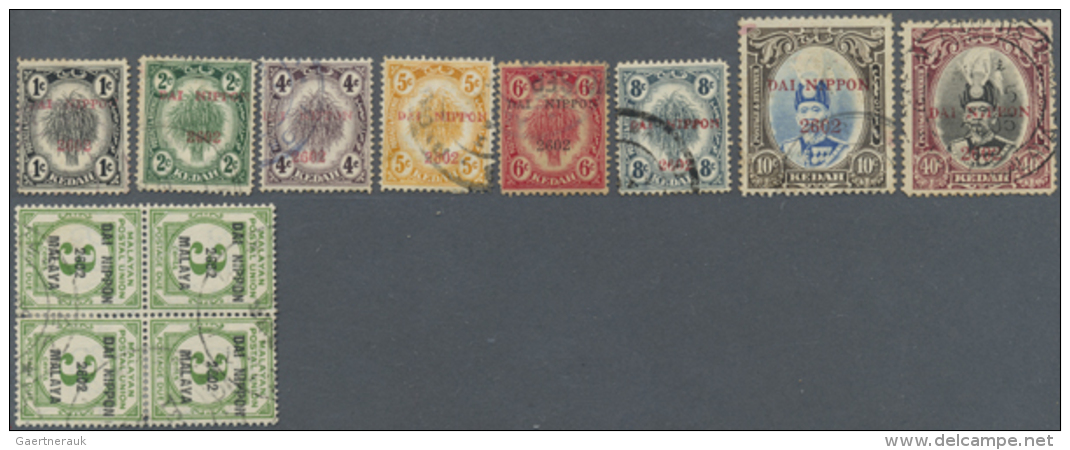 1942/45, Kedah "Dai Nippon 2602" Ovpts. Used To 12 Cts, MPU Dues Used Inc. Strips/block-4, 10 C. Perak Ovpt. "Dai... - Autres & Non Classés