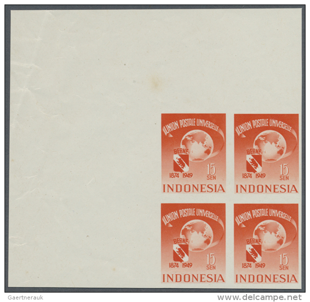 1949, 75th Anniversary Of UPU, Specialised Assortment With Both Values As Corner Blocks Of Four (15s. With Two... - Indonésie