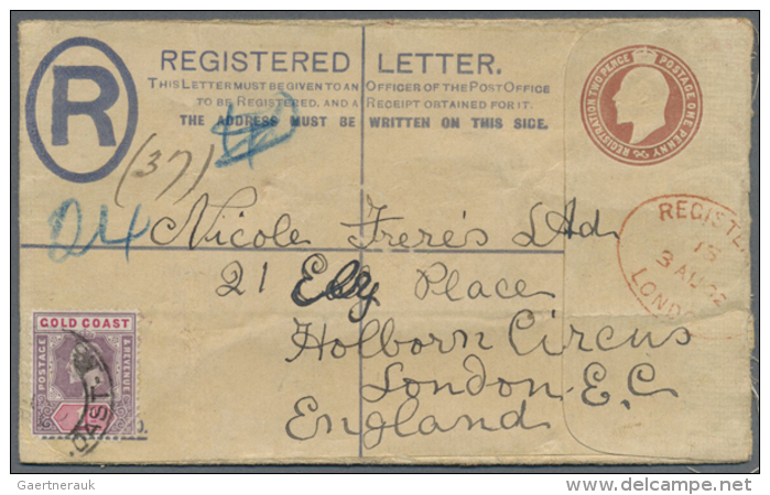 1902/1908 (ca.), Small Group With Seven Used Postal Stationeries Incl. Postcards, Envelopes And Registered Letters... - Ghana (1957-...)