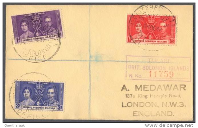 1937/38, Coronation Set On 6 Individual Registered Covers (incl. 1 X FDC) Used From Tulagi Or Gizo To England Or... - Autres & Non Classés