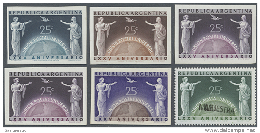 1949, 75th Anniversary Of UPU (Michel No. 568), Specialised Assortment Incl. Five Imperf. Colour Proofs And One... - Autres & Non Classés