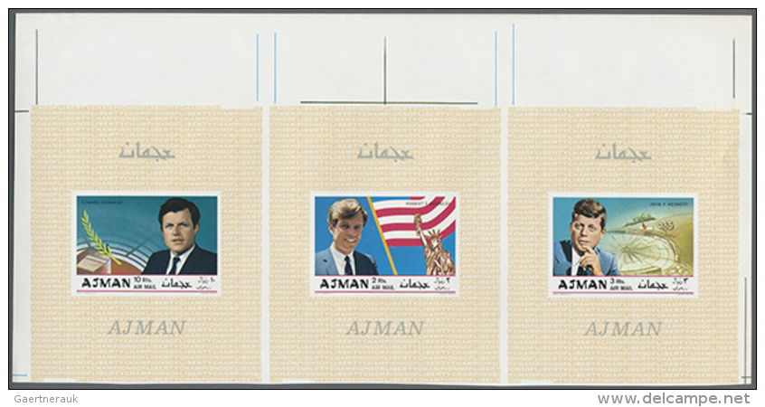 1969, Kennedy, 3 Ungez&auml;hnte Zusammenh&auml;ngende Blocks, Postfrisch Ungez&auml;hnt.
1969 Kennedy, 3... - Ajman