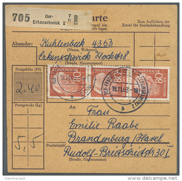 1957, Heuss 80 Pfg. Als Mehrfachfrankatur Auf 2 Paketkarten, Dazu Bed. Deutsche 60 Pfg. Und 4x90 Pfg. Jeweils Als... - Autres & Non Classés