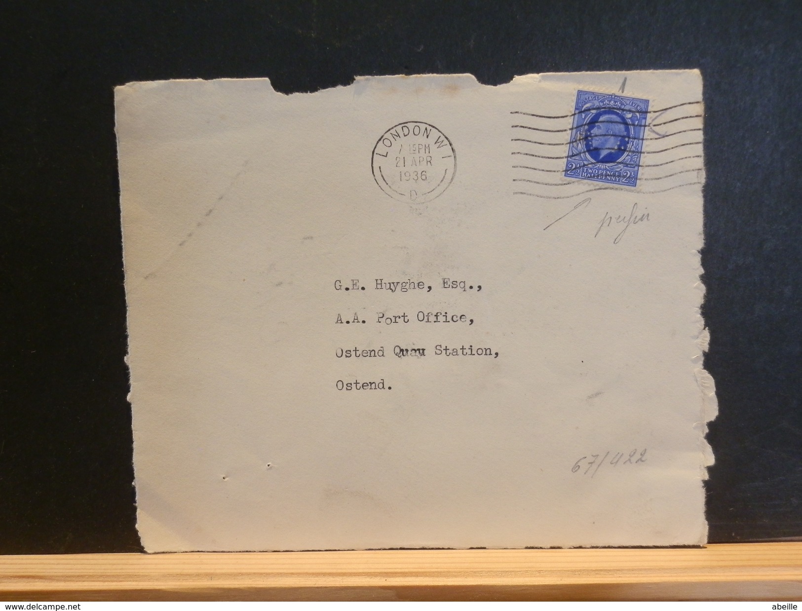 67/422 FRONT OF LETTER TO BELG. 1936  PERFIN - Covers & Documents