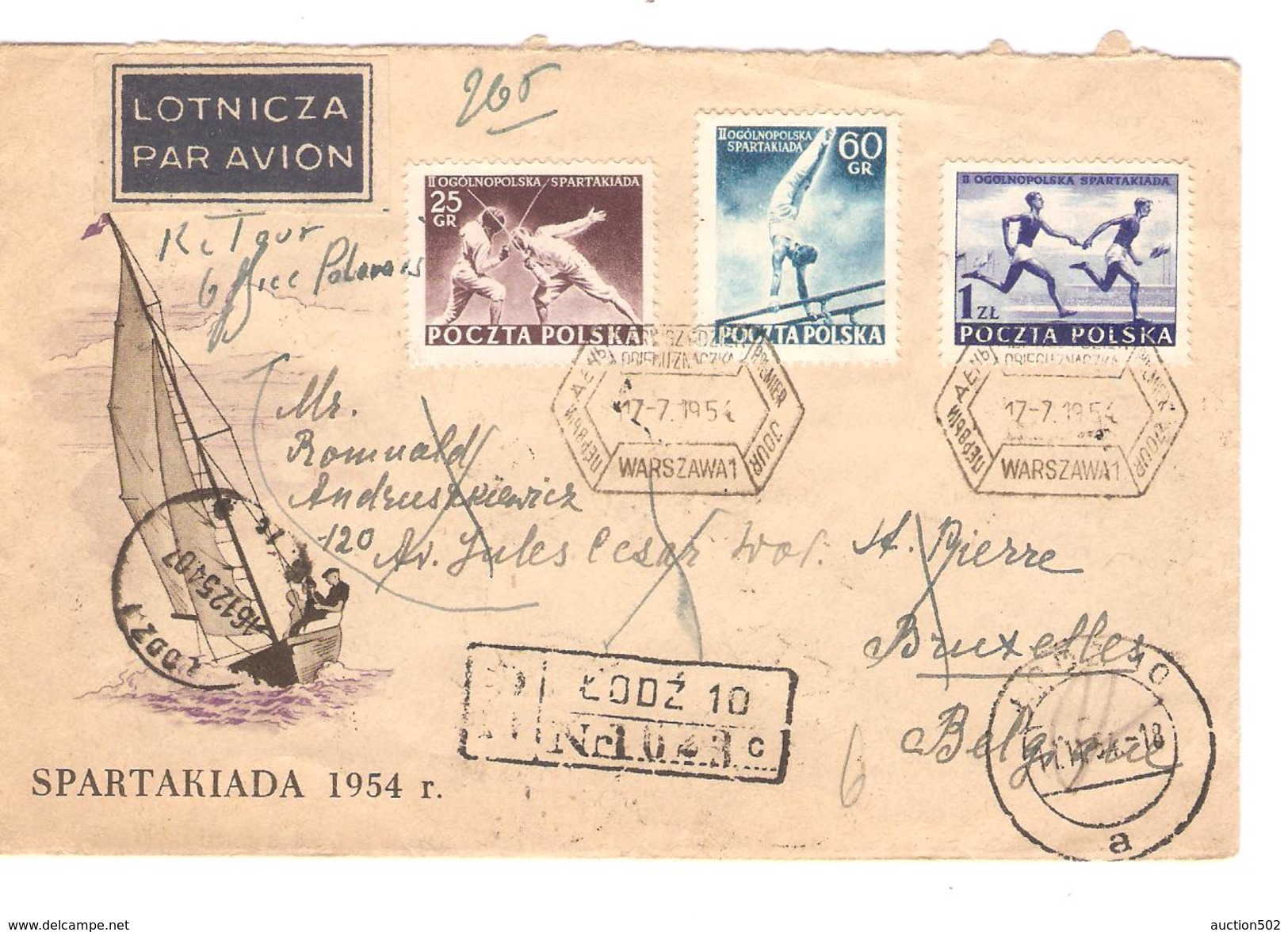 Polska-Pologne Air Mail Registered Cover Lodz 1954 Sport Spartakiada To Brussels Belgium PR3906 - Lettres & Documents