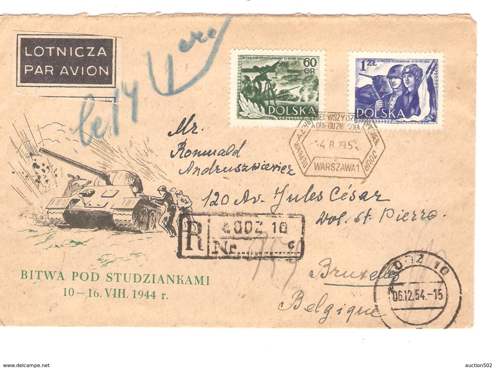 Polska-Pologne Air Mail Registered Cover Lodz 1954 Tank Soldier To Brussels Belgium PR3907 - Lettres & Documents