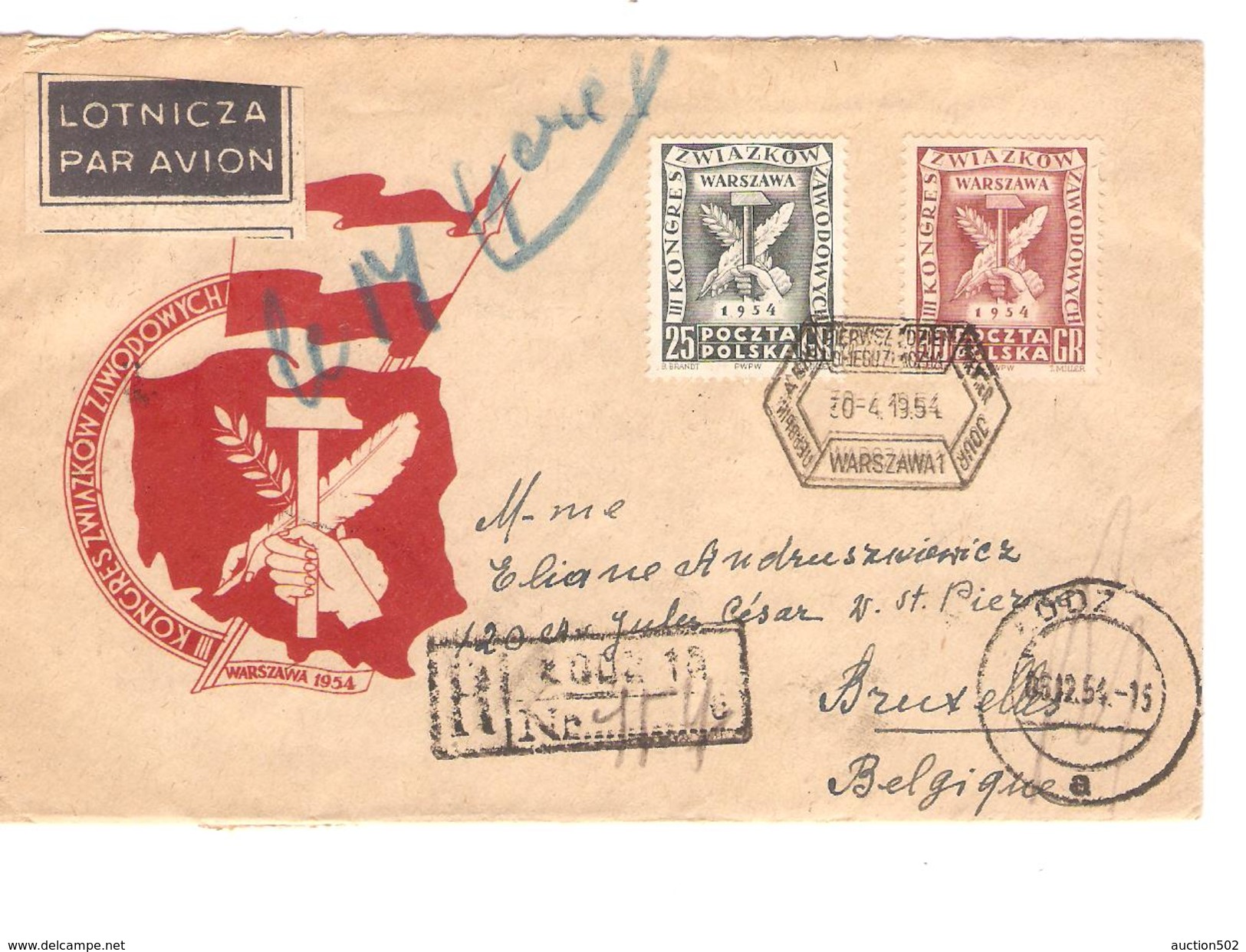 Polska-Pologne Air Mail Registered Cover Lodz Waraszawa 1954 To Brussels Belgium PR3908 - Lettres & Documents