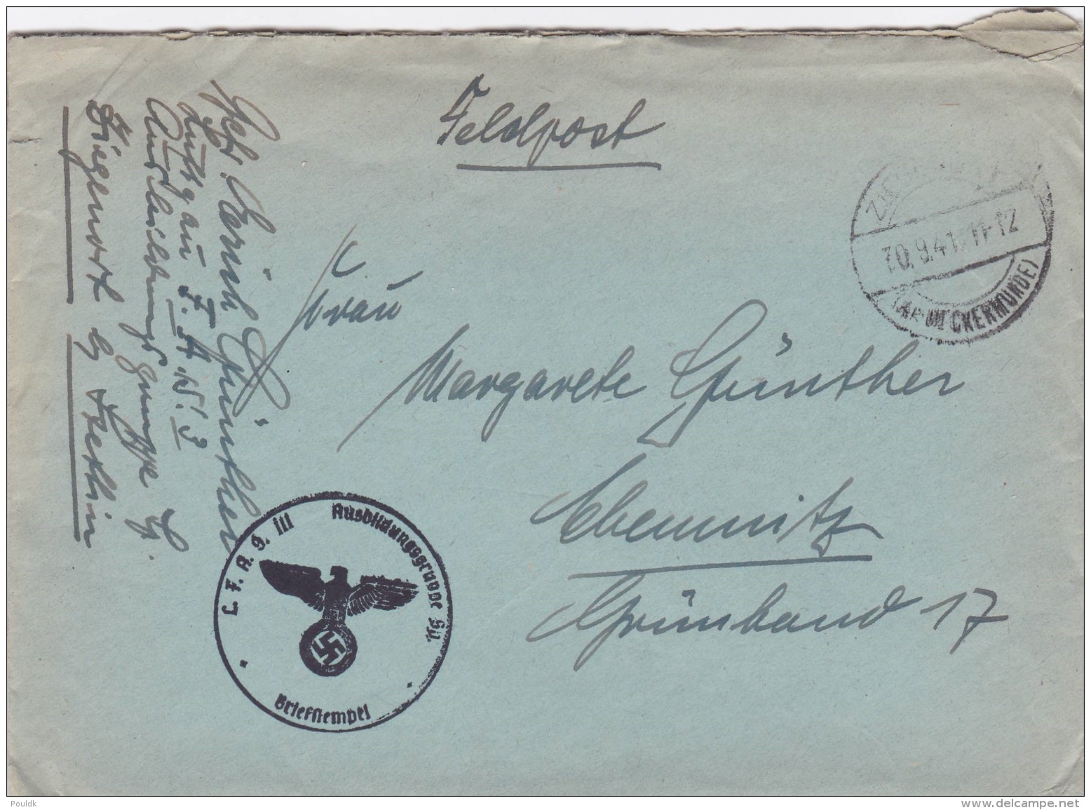 Feldpost WW2: F.A.S. 3 Ausstellungsgruppe Sj. In Ziegenort Bei Stettin P/m 10.9.1941 - Letter Inside  (SKO2-50C) - Militaria