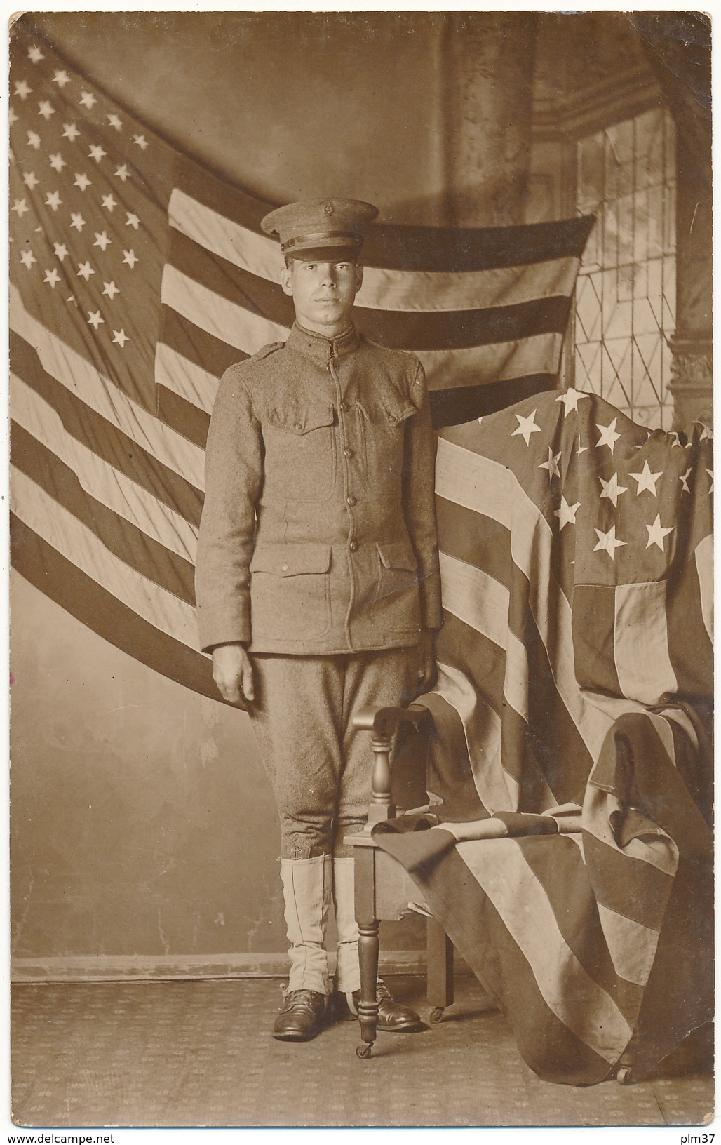 Carte Photo Militaire - Militaire Américain, Drapeau - Guerre 1914-18