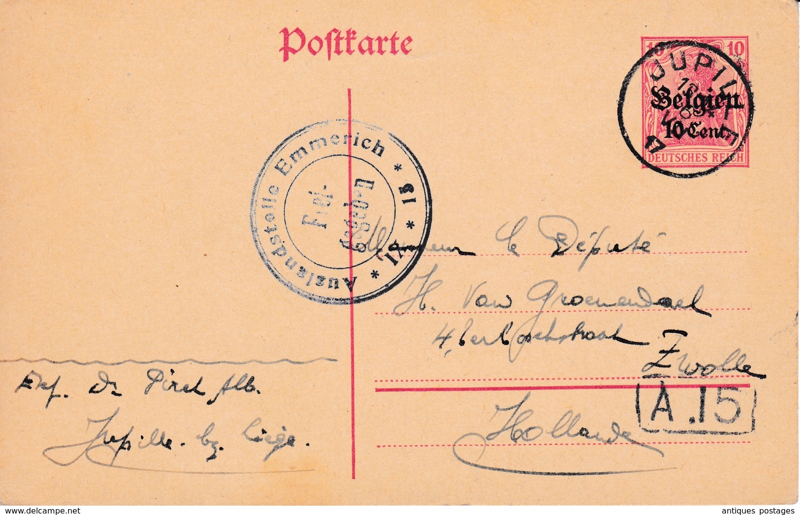 Carte Postale Jupille Sur Meuse 1917 Censure Occupation Allemande Première Guerre Mondiale Auslandstelle Emmerich - Occupazione 1914 – 18