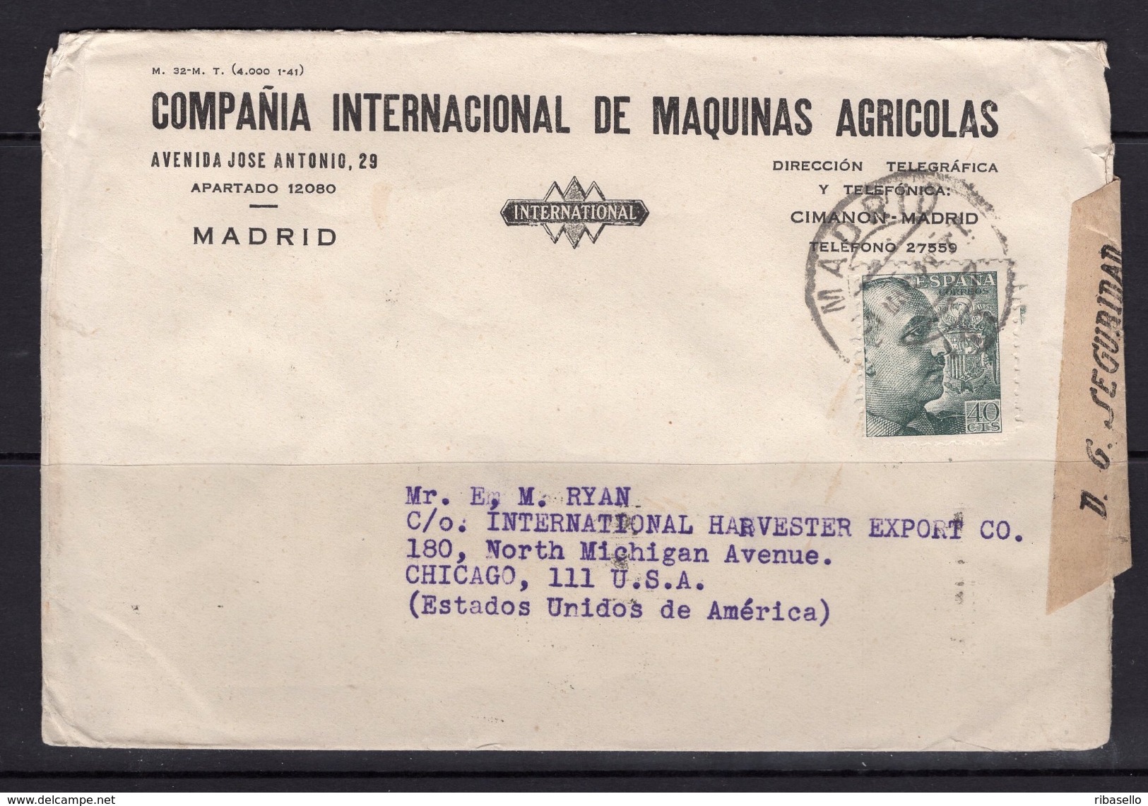 España 1941. Carta De Madrid A Chicago. Censura. - Marcas De Censura Nacional
