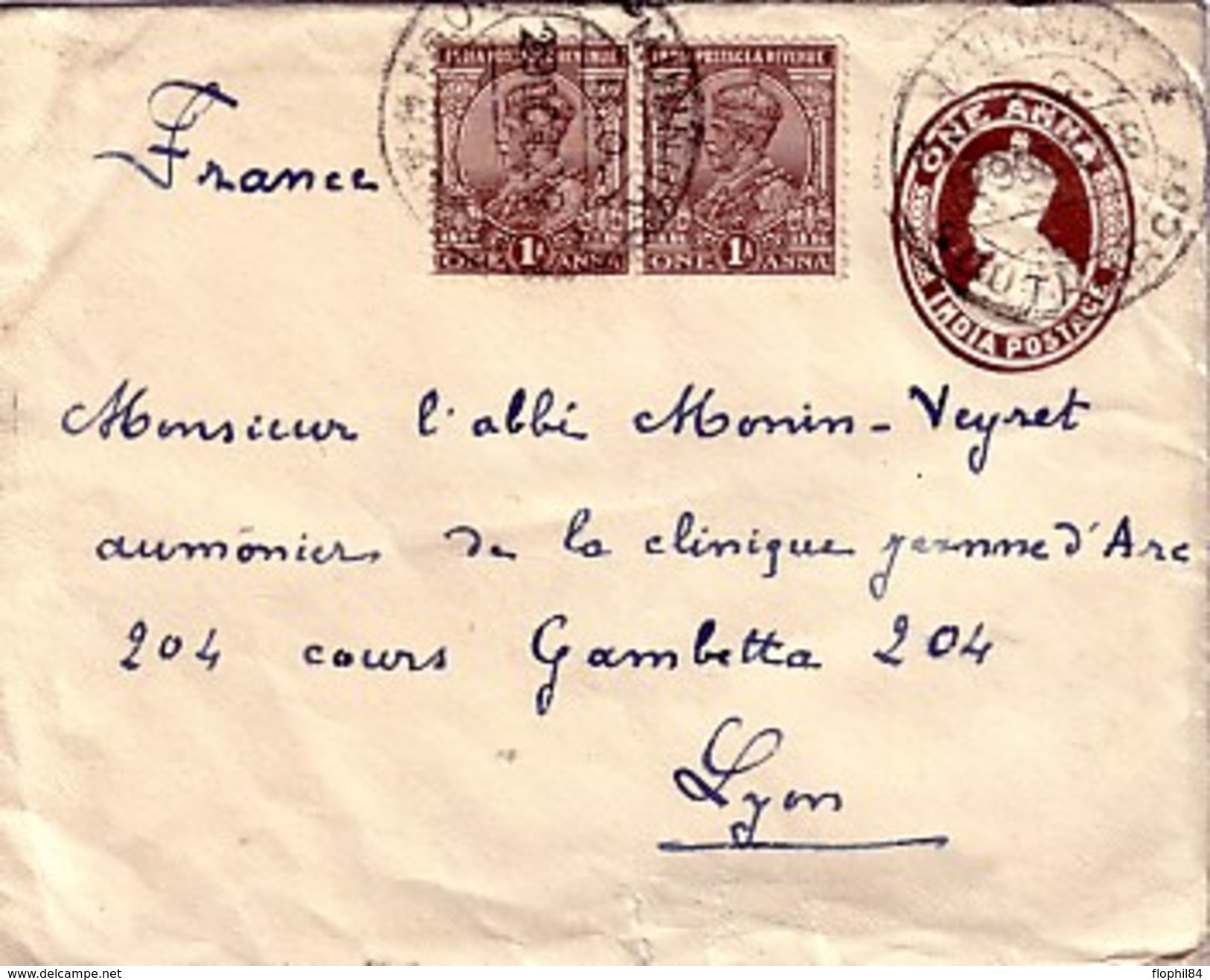 INDE - ENTIER POSTAL - POUR LA FRANCE AVEC COMPLEMENT D'AFFRANCHISSEMENT -  LE 29 OCTOBRE 1928. - Buste