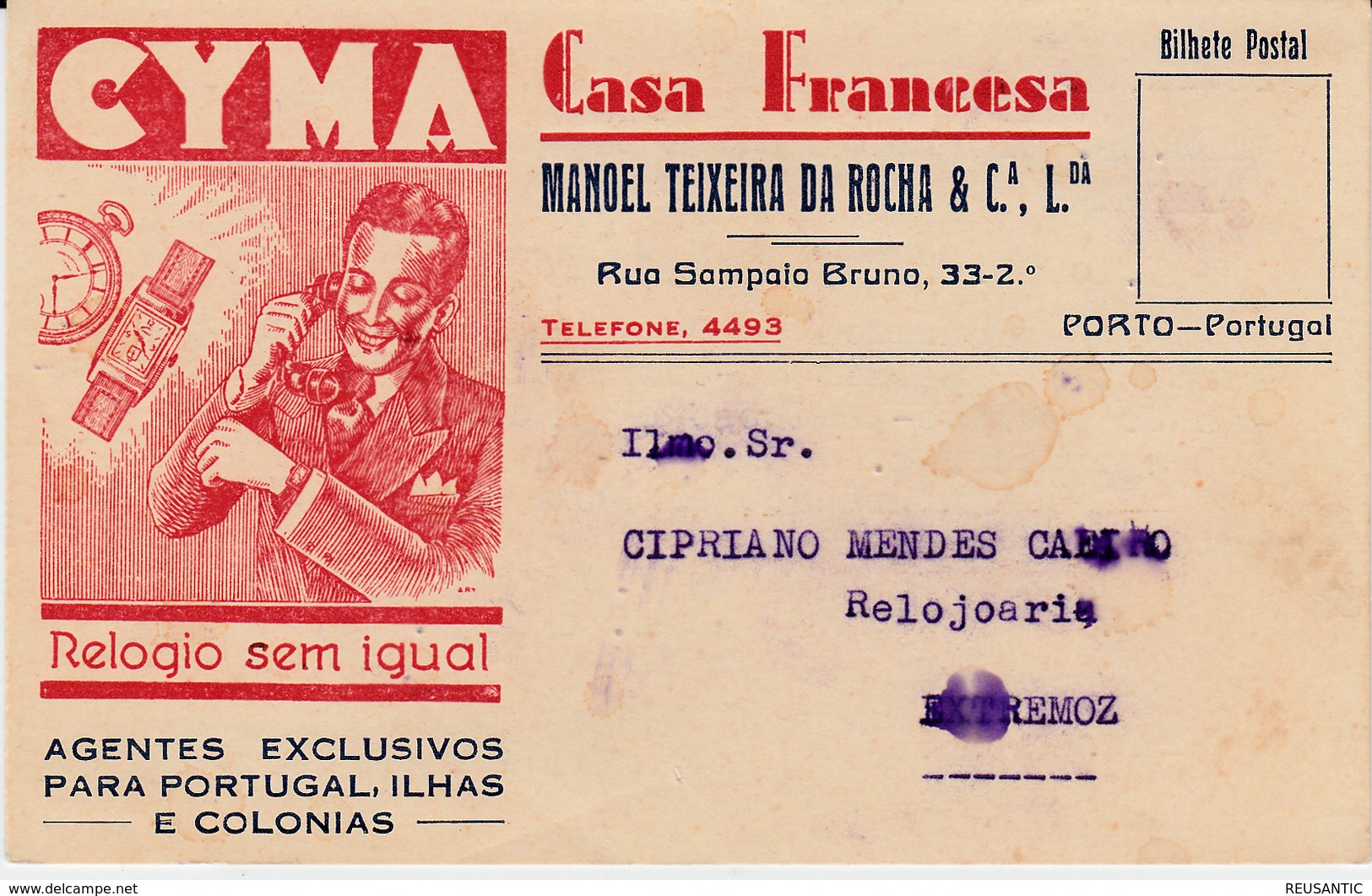 POSTAL COMERCIAL PORTUGAL RELOGIO CYMA-CASA FRANCESA- DE MANOEL TEIXEIRA DA ROCHA -1937-PORTO - Porto