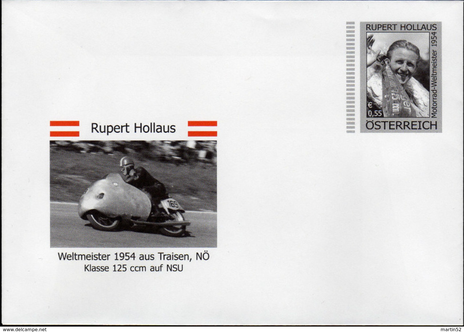 ÖSTERREICH 2004: Rupert Hollaus (1931-1954) Weltmeister 1954 Auf NSU  (postgültiger Umschlag) - Motos