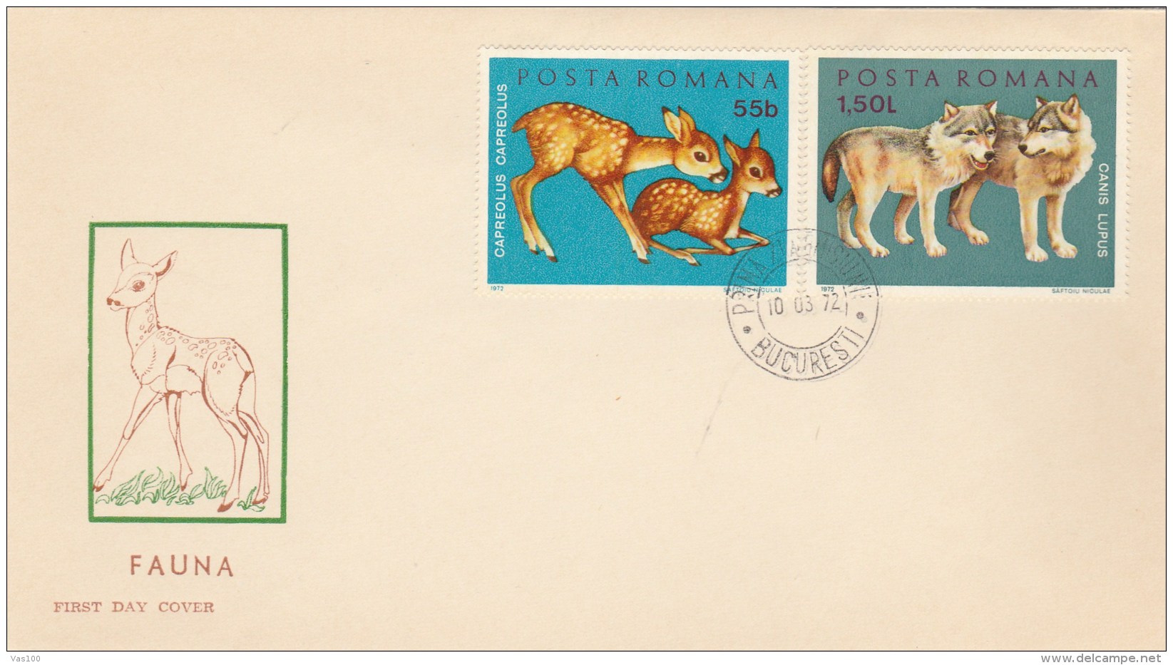 T446   ANIMALS,WOLF,BEARS,FOX,LYNS,DEER, X3 COVERS FDC 1972 ROMANIA. - FDC