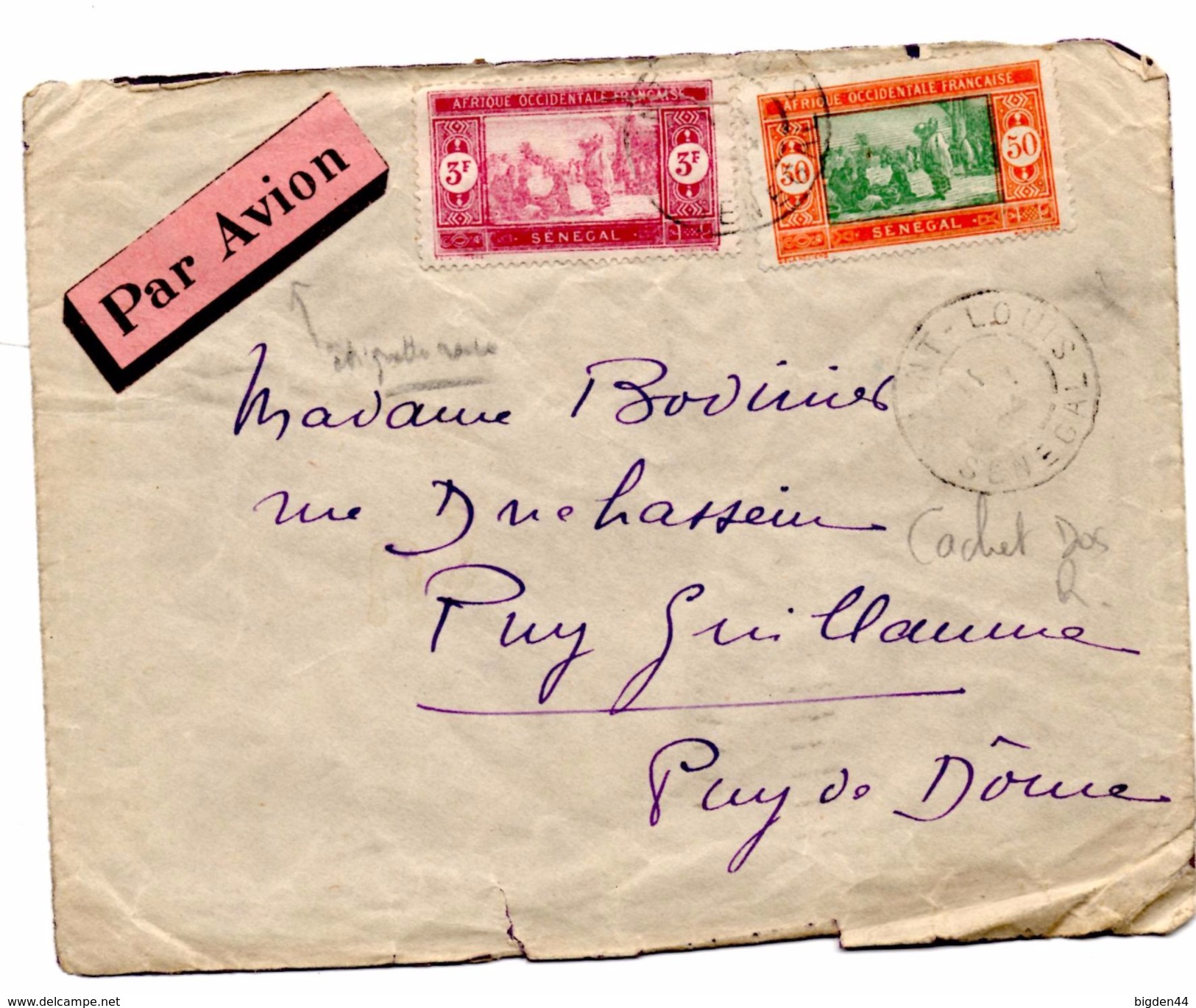 Lettre Par Avion De Saint Louis (1934) Pour Puy Guillaume_vignette  Rose - Poste Aérienne