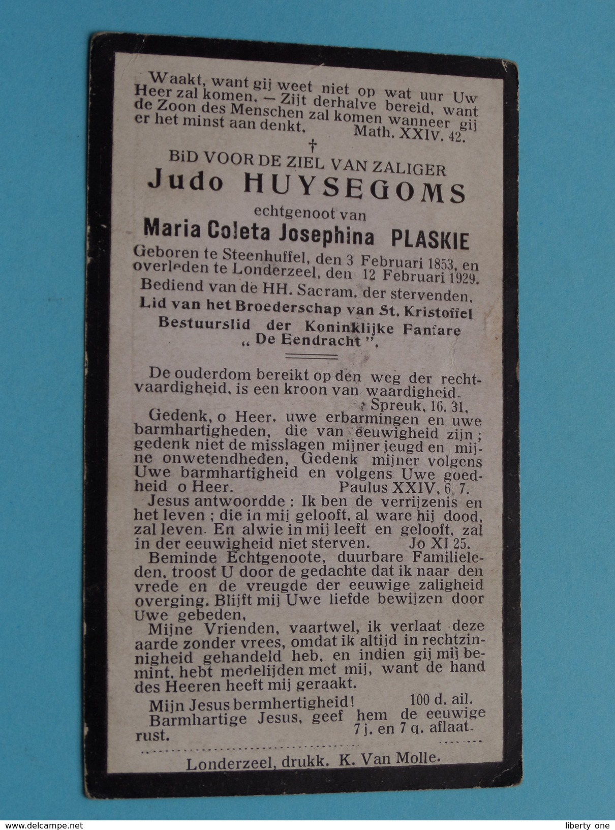 DP Judo HUYSEGOMS ( PLASKIE ) Steenhuffel 3 Feb 1853 - Londerzeel 12 Feb 1929 ( Zie Foto´s ) ! - Religion & Esotérisme