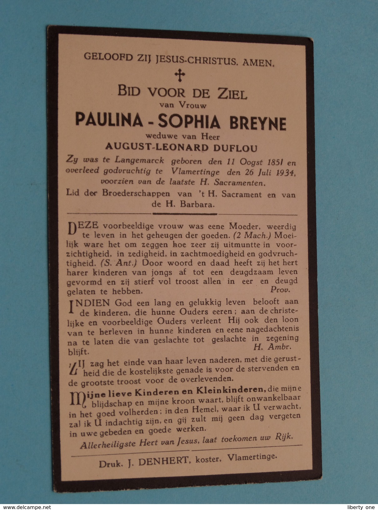 DP Paulina-Sophia BREYNE ( DUFLOU ) Langemarck 11 Oogst 1851 - Vlamertinge 26 Juli 1934 ( Zie Foto´s ) ! - Religion & Esotérisme