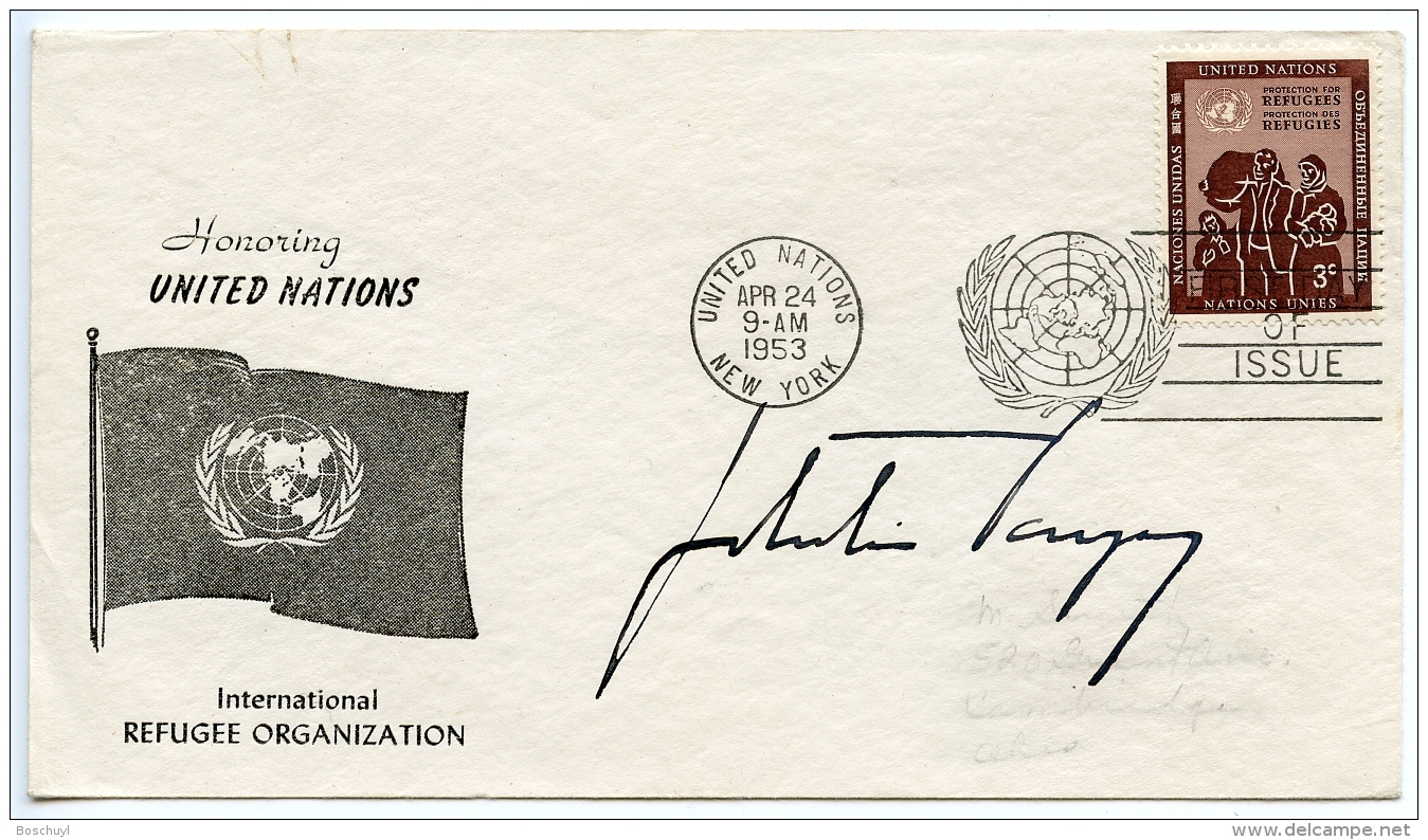 United Nations New York, 1953, IRO Refugees, Special Cacheted FDC Autographed By Getulio Vargas, President Of Brazil - Sonstige & Ohne Zuordnung