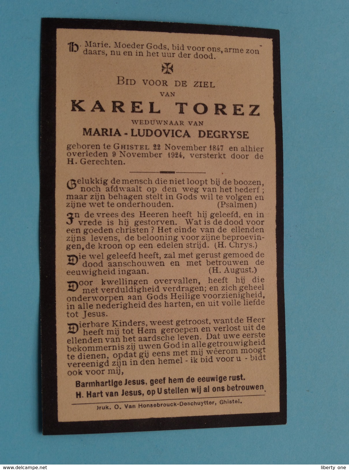 DP Karel TOREZ ( Maria-Ludovica DEGRYSE ) Ghistel 22 Nov 1847 - 9 Nov 1924 ( Zie Foto´s ) ! - Religion & Esotérisme