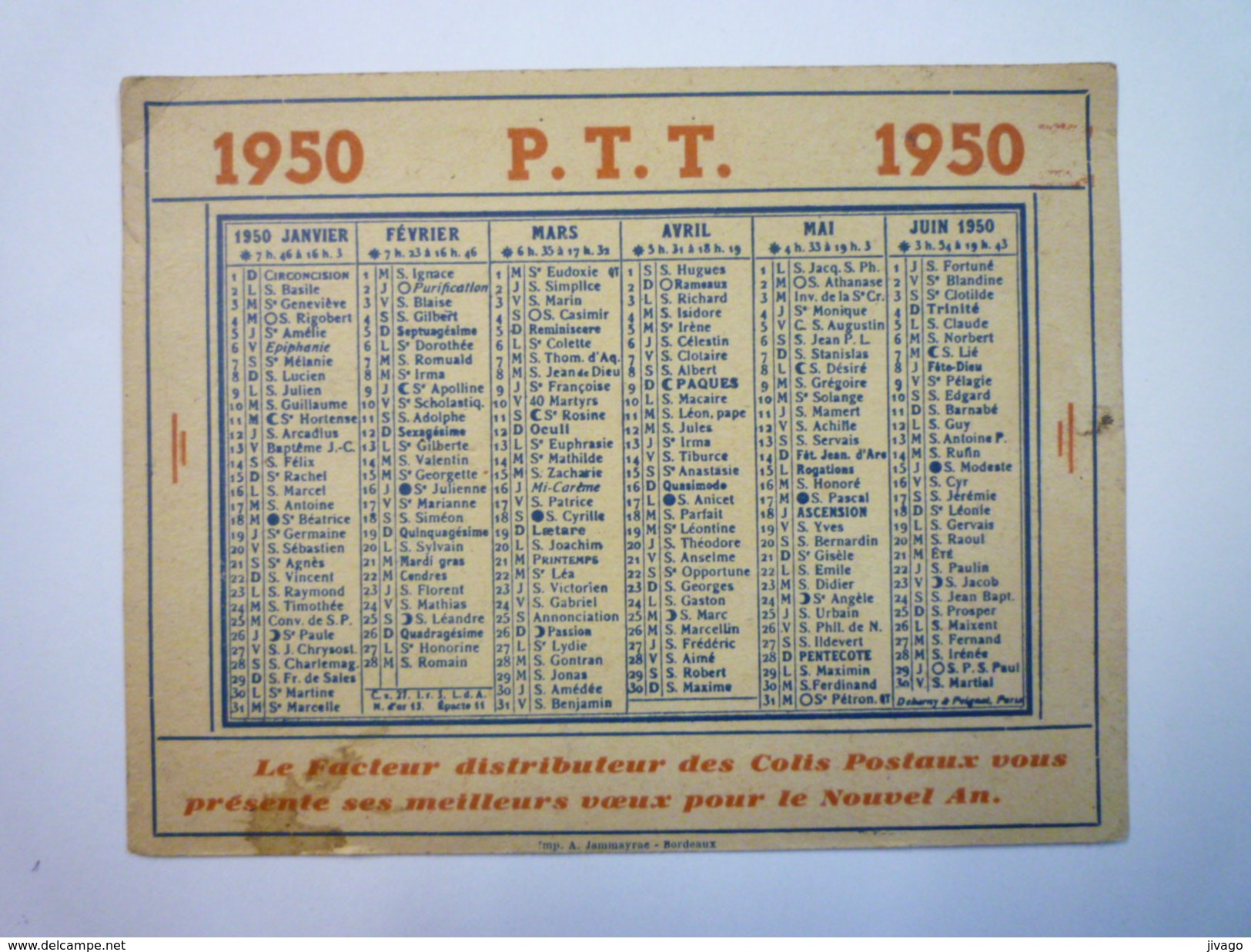 ALMANACH  1950  -  Service Des COLIS POSTAUX    (format  12,7 X 10 Cm) - Formato Piccolo : 1941-60