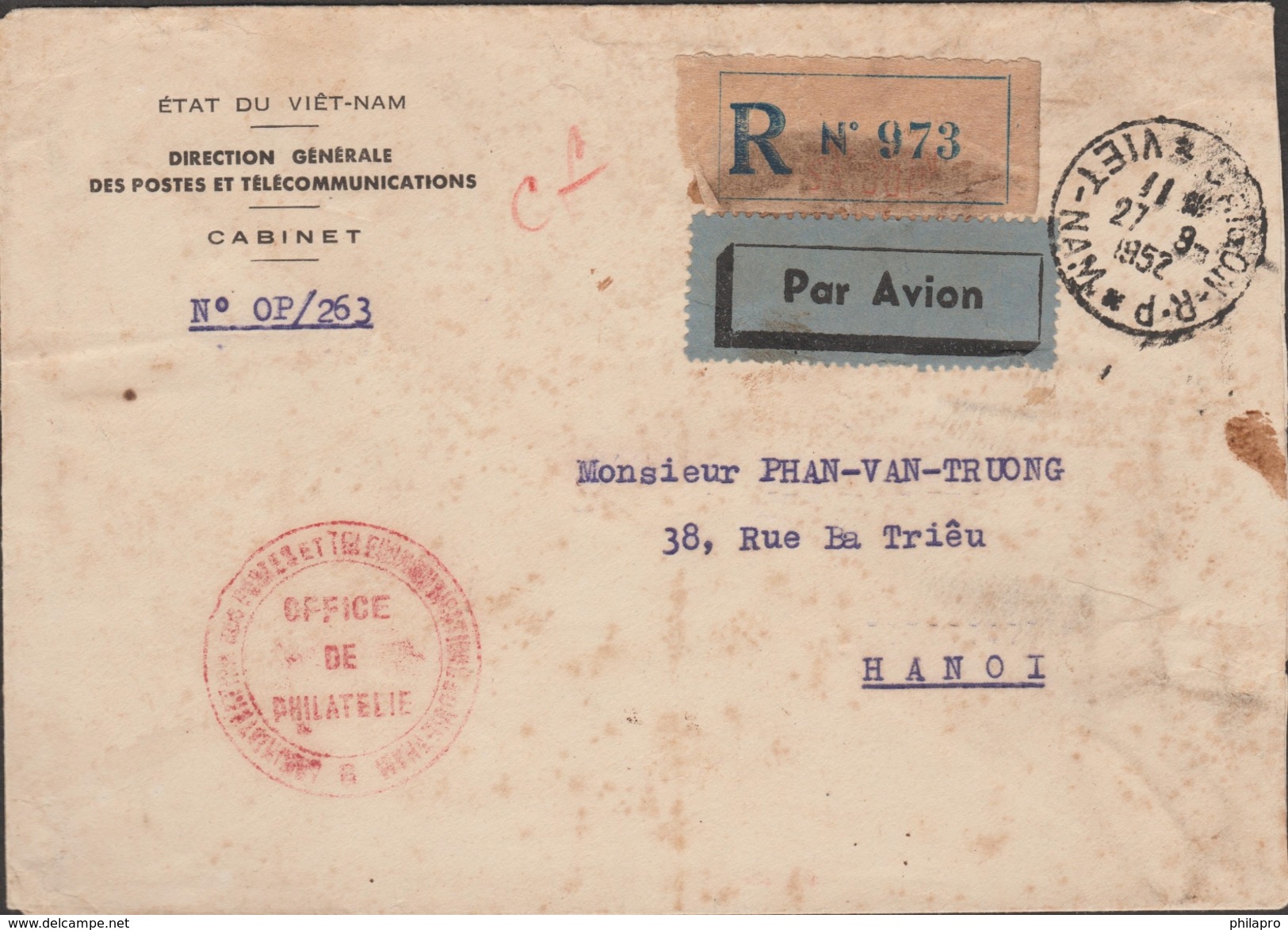 VIETNAM  1952  STAMPLESS COVER  FROM SAIGON 1952  TO  HANOI  Ref  G801 - Viêt-Nam