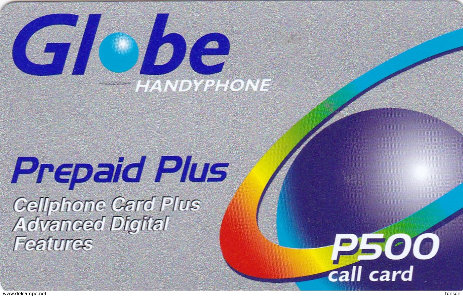 Philippines, 500 &#x20B1; - Philippine Piso, Prepaid Plus (grey) - Globe Handyphone, 2 Scans.  Different Back - Philippinen