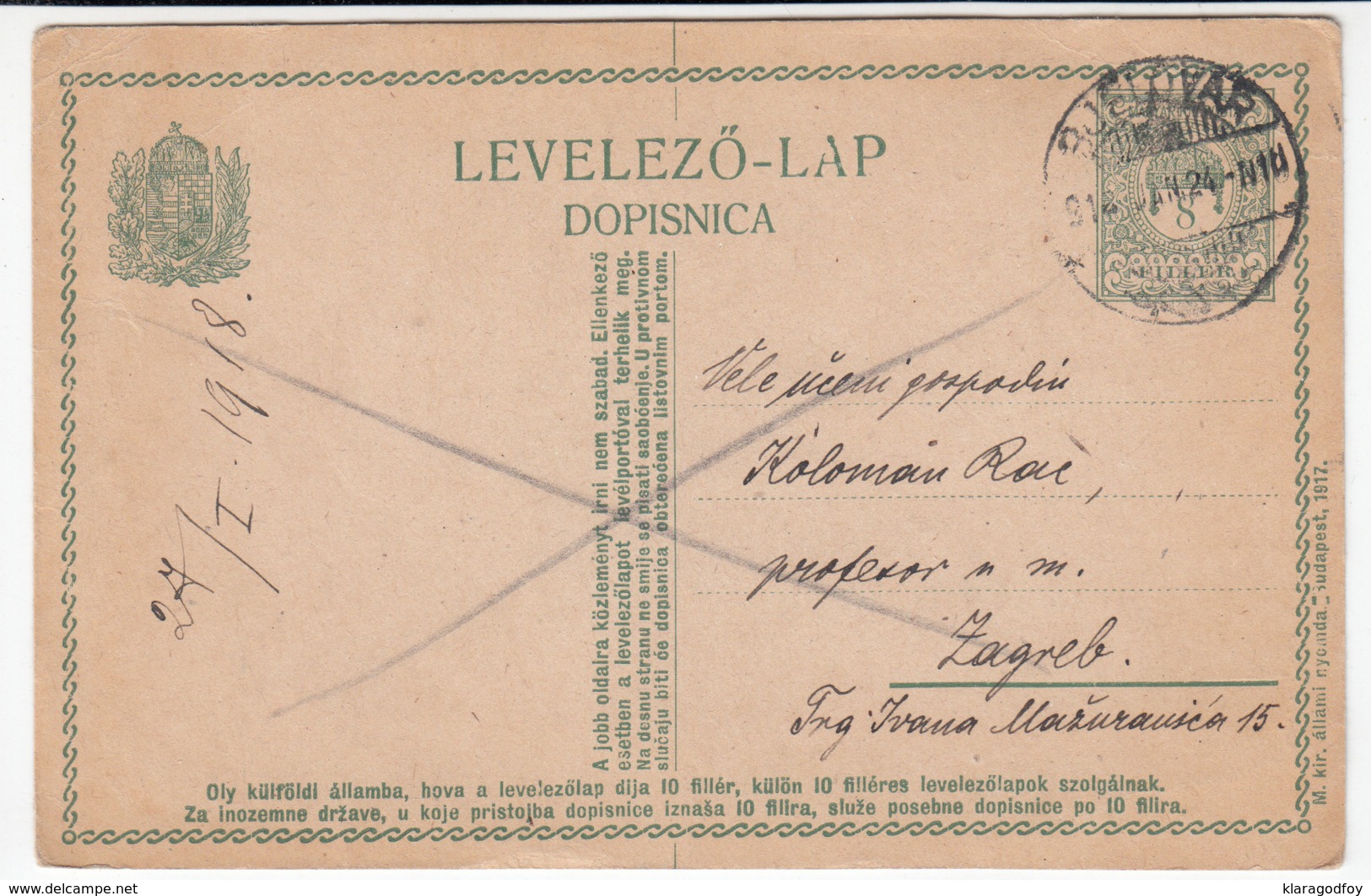 Hungary Croatia Postal Stationery Postcard Levelezo Lap Dopisnica Travelled 1918 Bjelovar To Zagreb B170210 - Ganzsachen