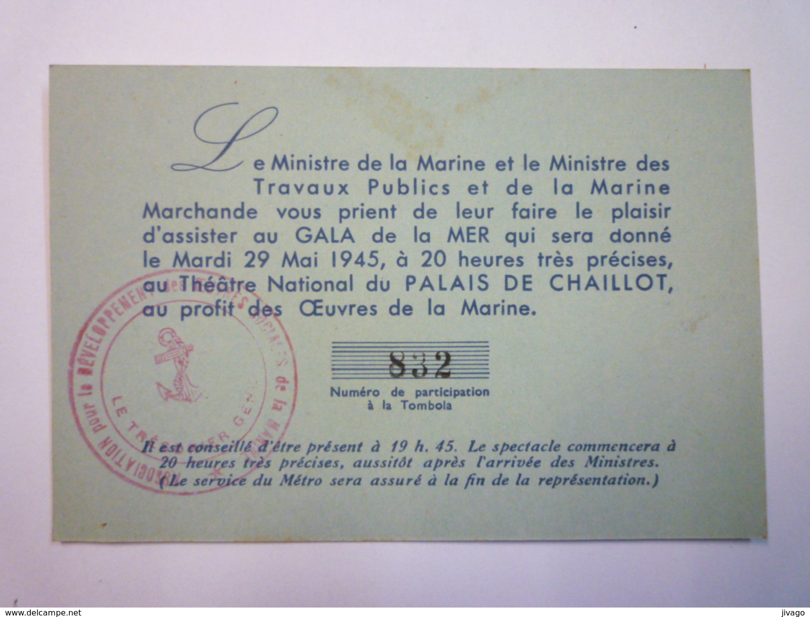 INVITATION Du MINISTRE De La  MARINE  Au GALA De La MER  -  29 MAI  1945 X - Klein Formaat: 1921-40