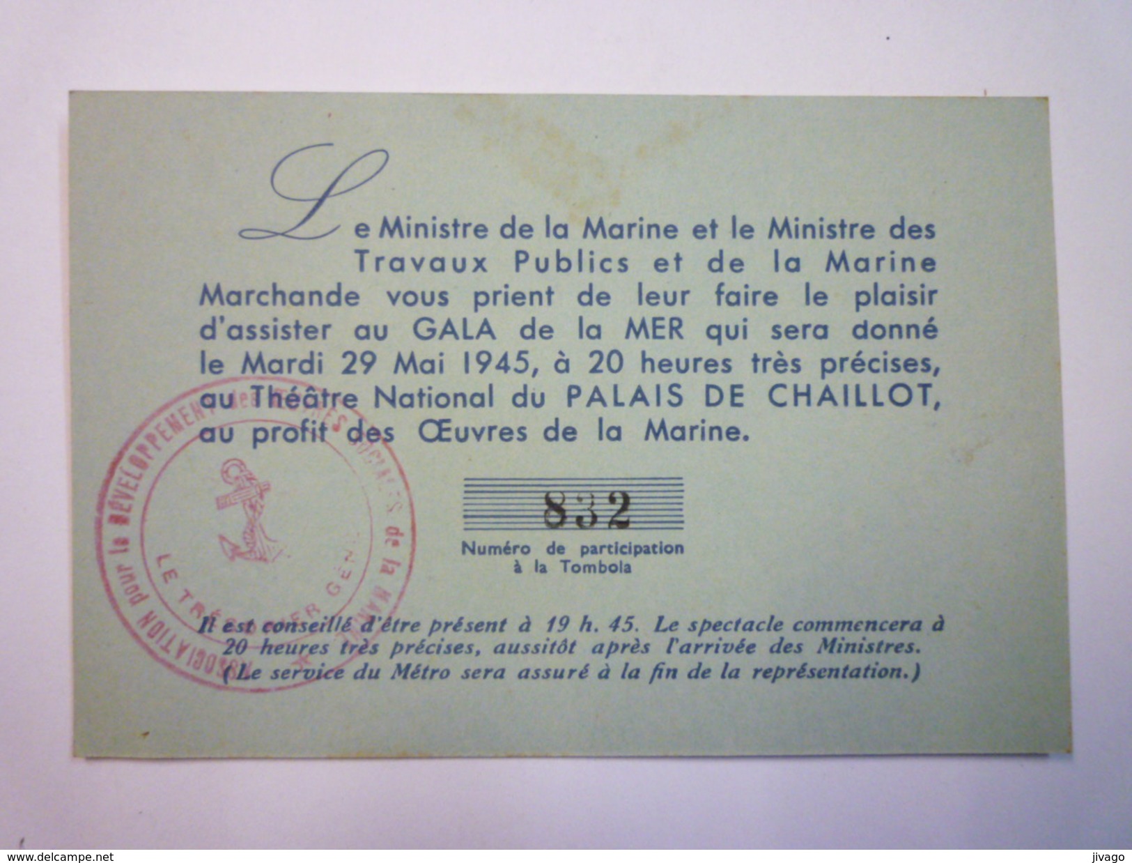 INVITATION Du MINISTRE De La  MARINE  Au GALA De La MER  -  29 MAI  1945 X - Formato Piccolo : 1921-40