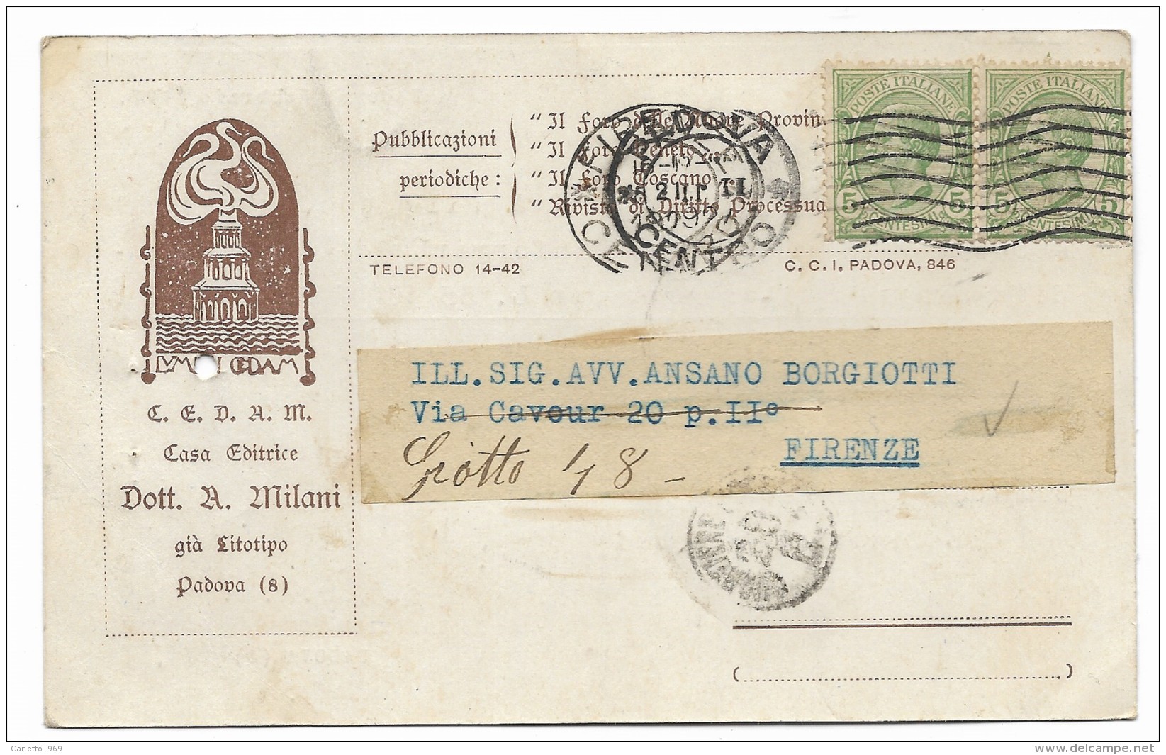 2 Francobolli Cent. 5 Regno 1924 Su Biglietto - Poststempel