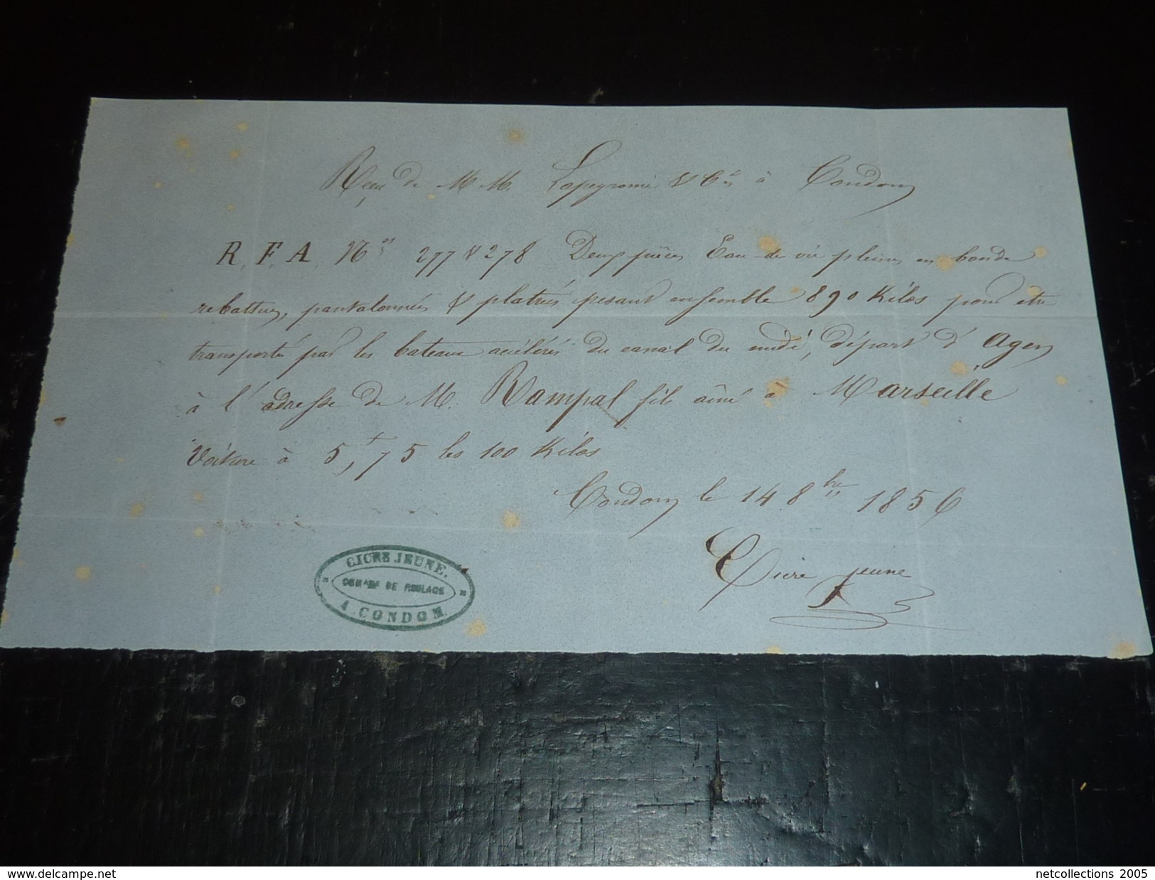 LOT DE 5 CONNAISSEMENTS 1855/56 Sous LA CONDUITE DES BATEAUX ACCELERES DU CANAL DU MIDI à AGEN TRANSPORT D'EAU DE VIE - Otros & Sin Clasificación