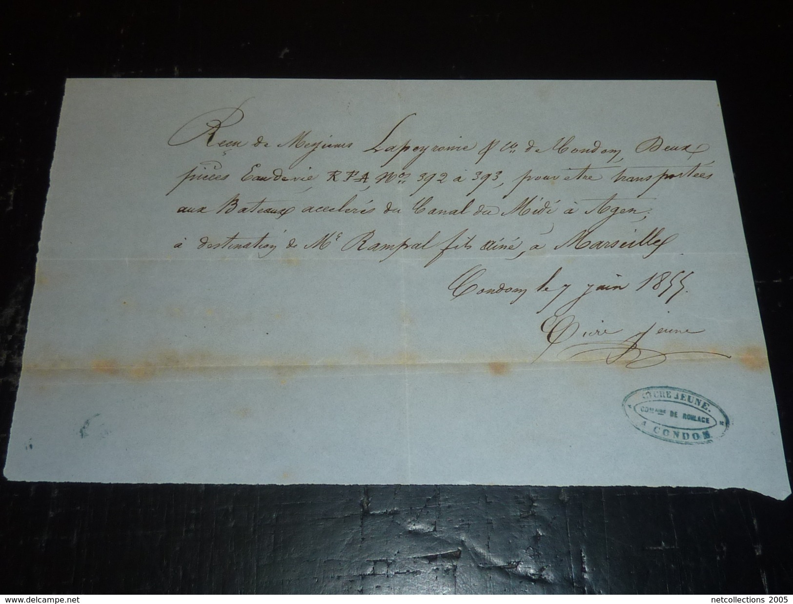 LOT DE 5 CONNAISSEMENTS 1855/56 Sous LA CONDUITE DES BATEAUX ACCELERES DU CANAL DU MIDI à AGEN TRANSPORT D'EAU DE VIE - Other & Unclassified