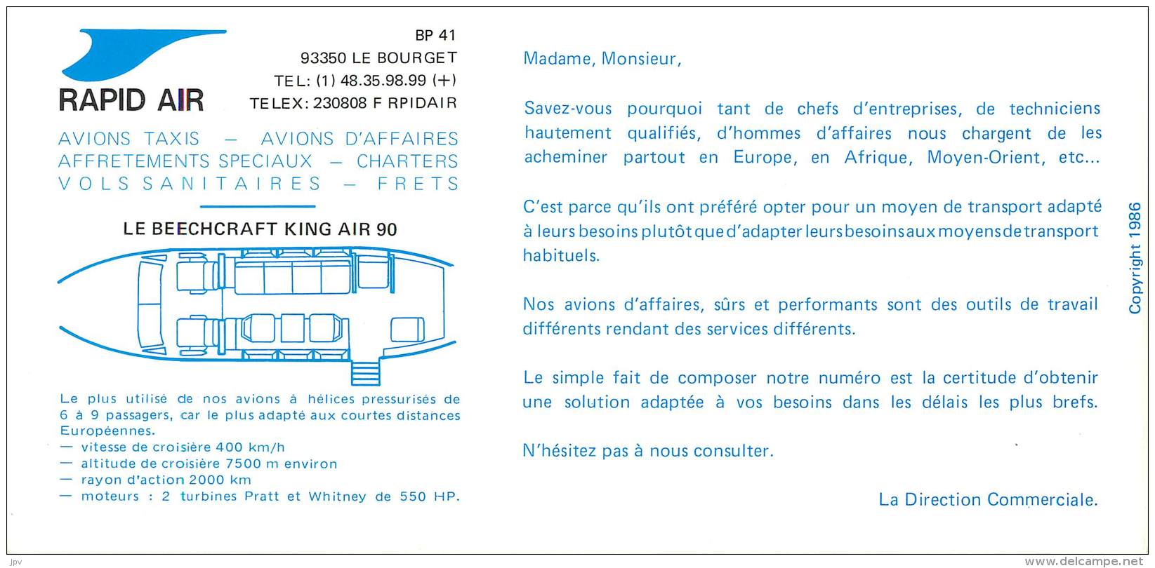 CARTE PUBLICITAIRE AVION : RAPID AIR. LE BEECHCRAFT KING AIR 90. - 1946-....: Moderne