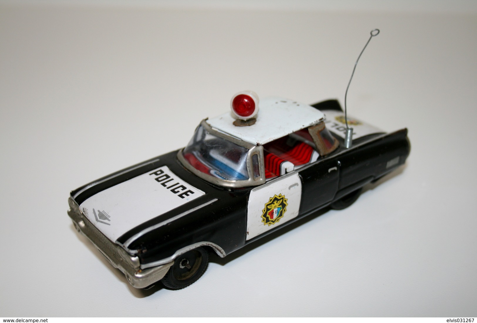 Vintage TIN TOY CAR : Maker ICHICO - Cadillac 4 Door Hardtop Rotating Roof Light POLICE - 15cm - JAPAN - 1960 - Friction - Collectors Et Insolites - Toutes Marques