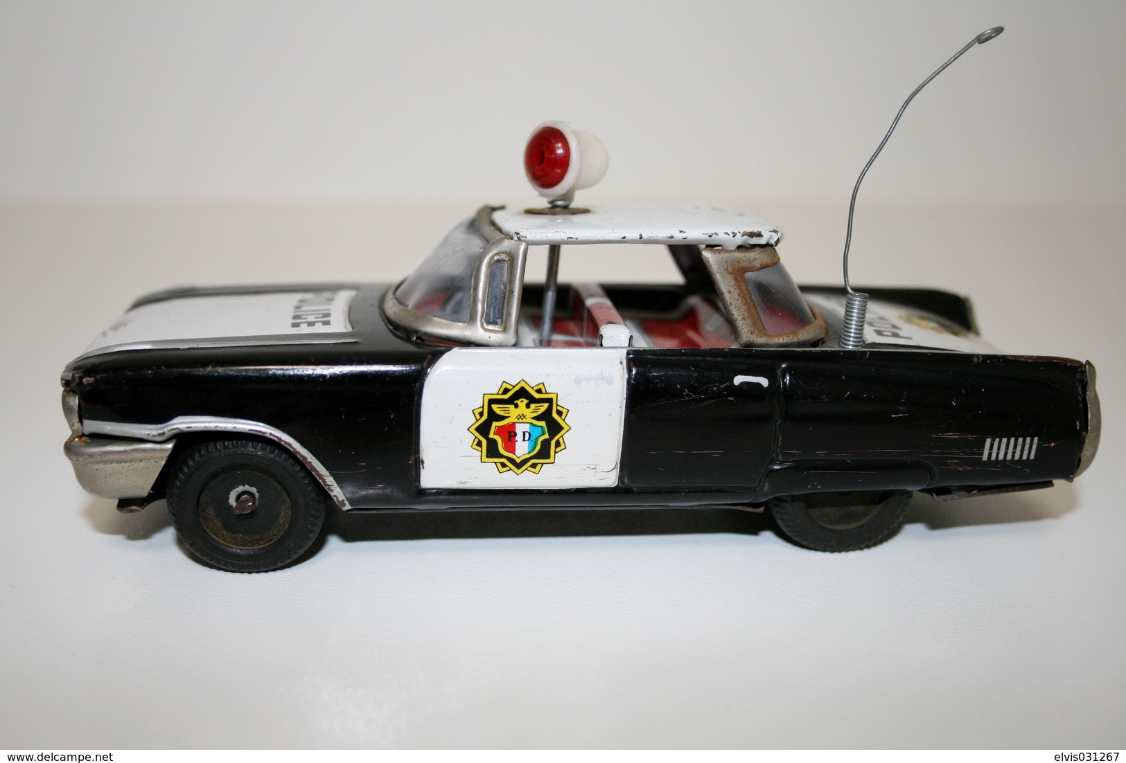 Vintage TIN TOY CAR : Maker ICHICO - Cadillac 4 Door Hardtop Rotating Roof Light POLICE - 15cm - JAPAN - 1960 - Friction - Collectors & Unusuals - All Brands