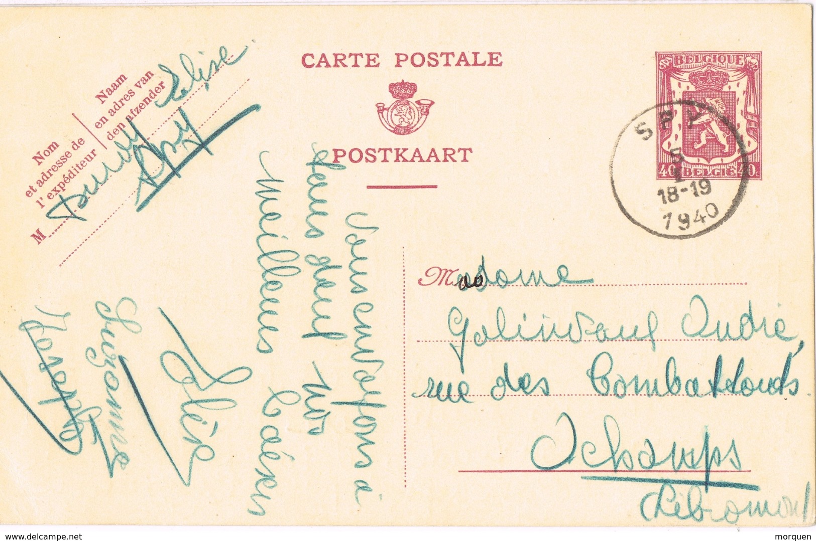 23207. Entero Postal SPY (Belgien) 1940 To Ochamps - Cupón-respuesta Internacionales