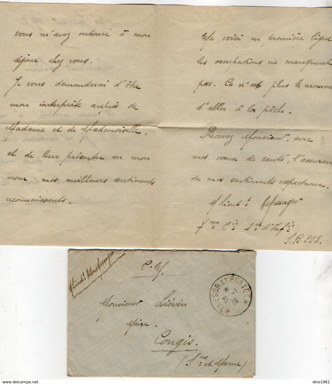 VP7989 - MILITARIA - Guerre 14 /18 - Lettre De Mr A. MESSAGER Au 1er Rgt D'Infanterie SP 213 Pour CONGIS - Récit - Documents