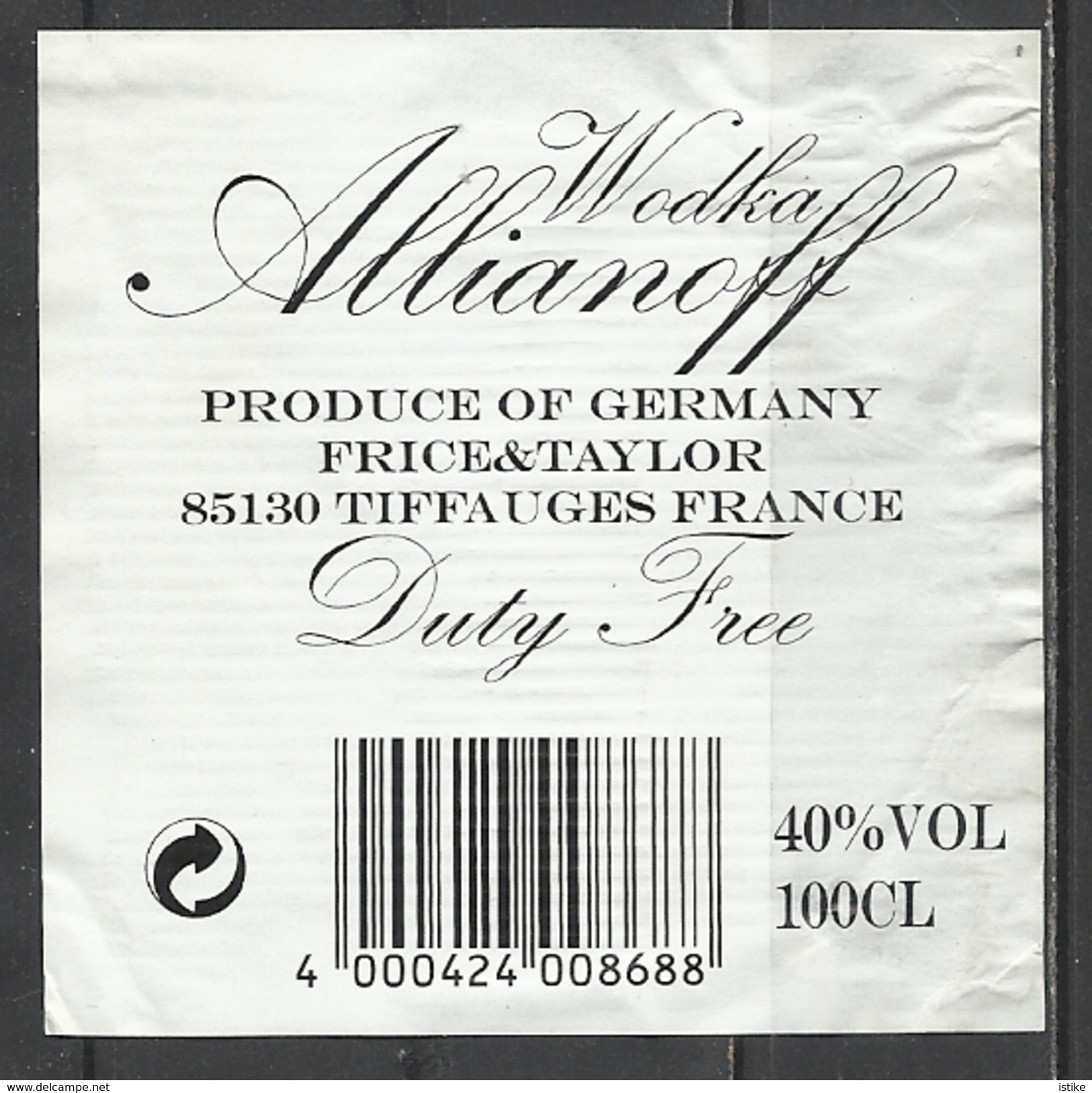 Germany, Allianoff Vodka. - Alcohols & Spirits