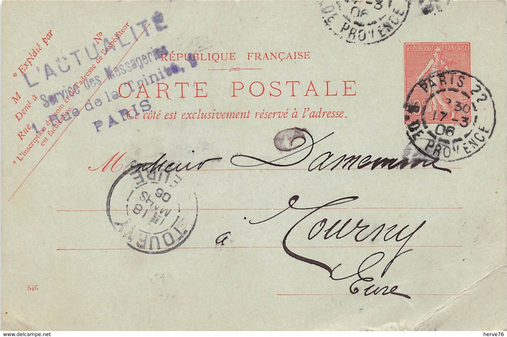Carte Postale- Entier Postal 10c Semeuse - Cachet L'ACTUALITE Services Des Messageries - PARIS - Standard Postcards & Stamped On Demand (before 1995)