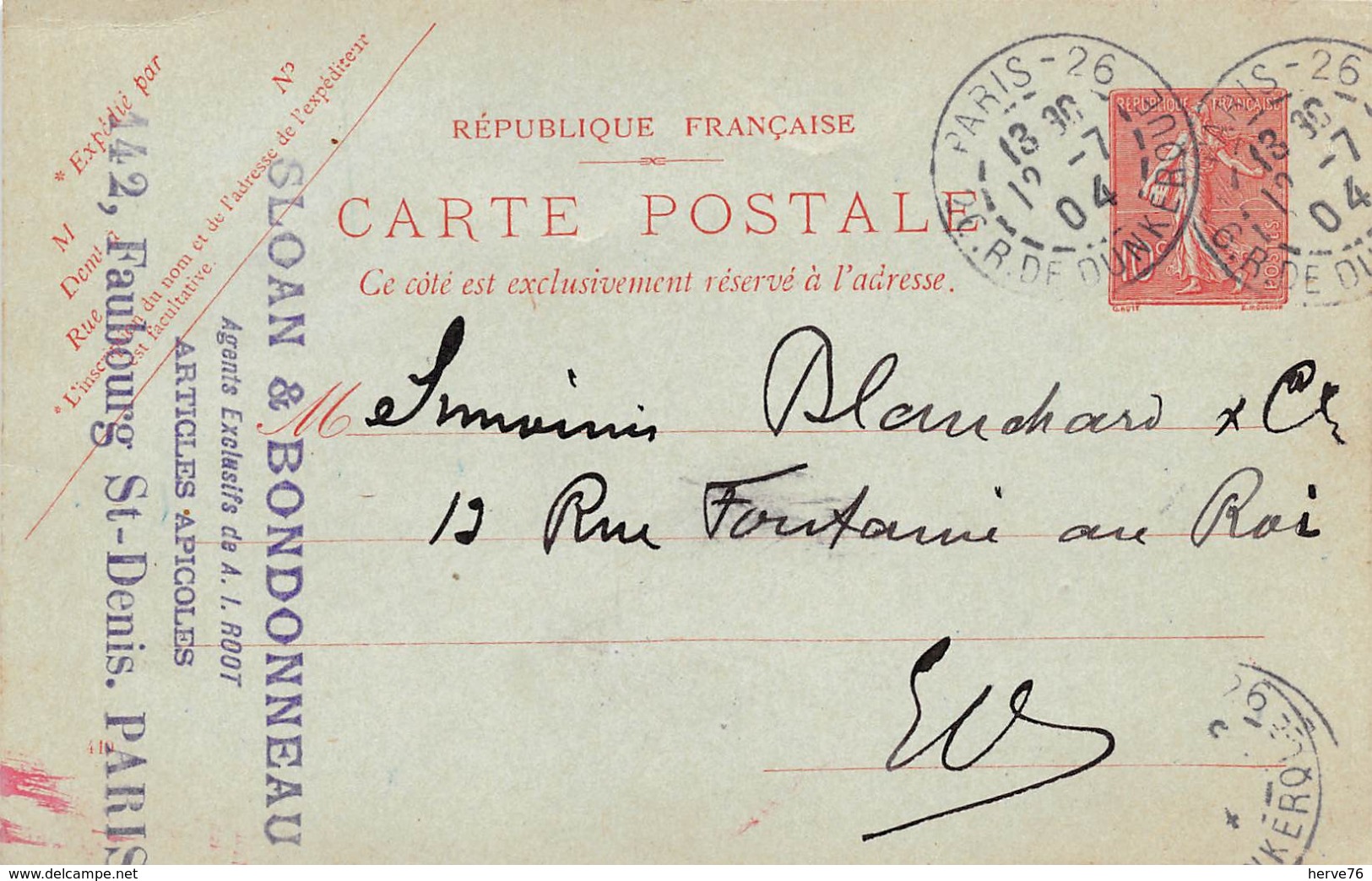 Carte Postale- Entier Postal 10c Semeuse - Cachet SLOAN & BONDONNEAU - PARIS  - 1904 - Standard Postcards & Stamped On Demand (before 1995)