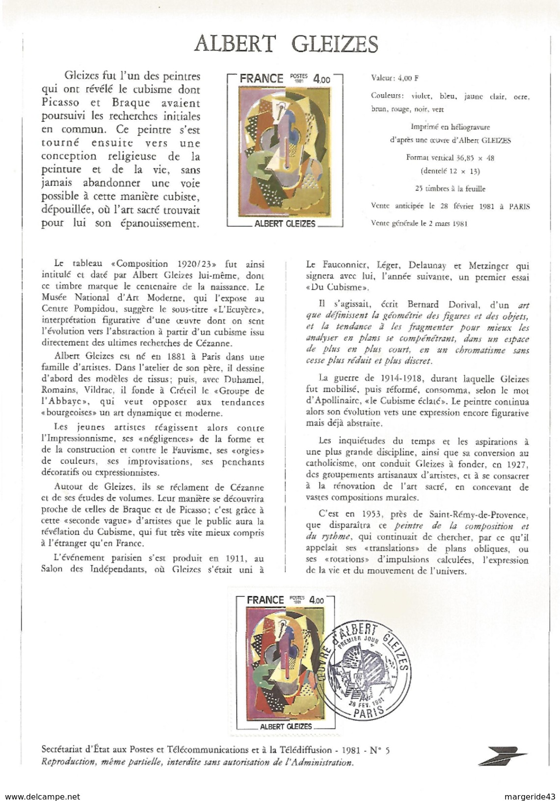 NOTICE PTT 1981 ALBERT GLEIZES - Documents De La Poste